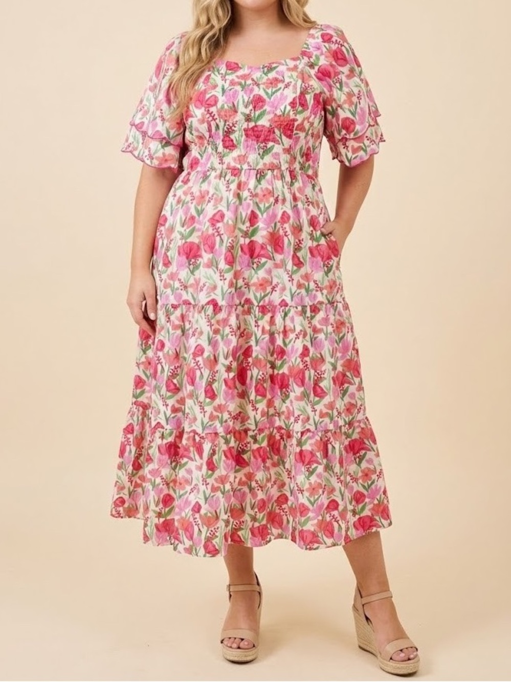 Hayden Pink Floral Smocked Square-Neck Midi Dress - Size: 3XL